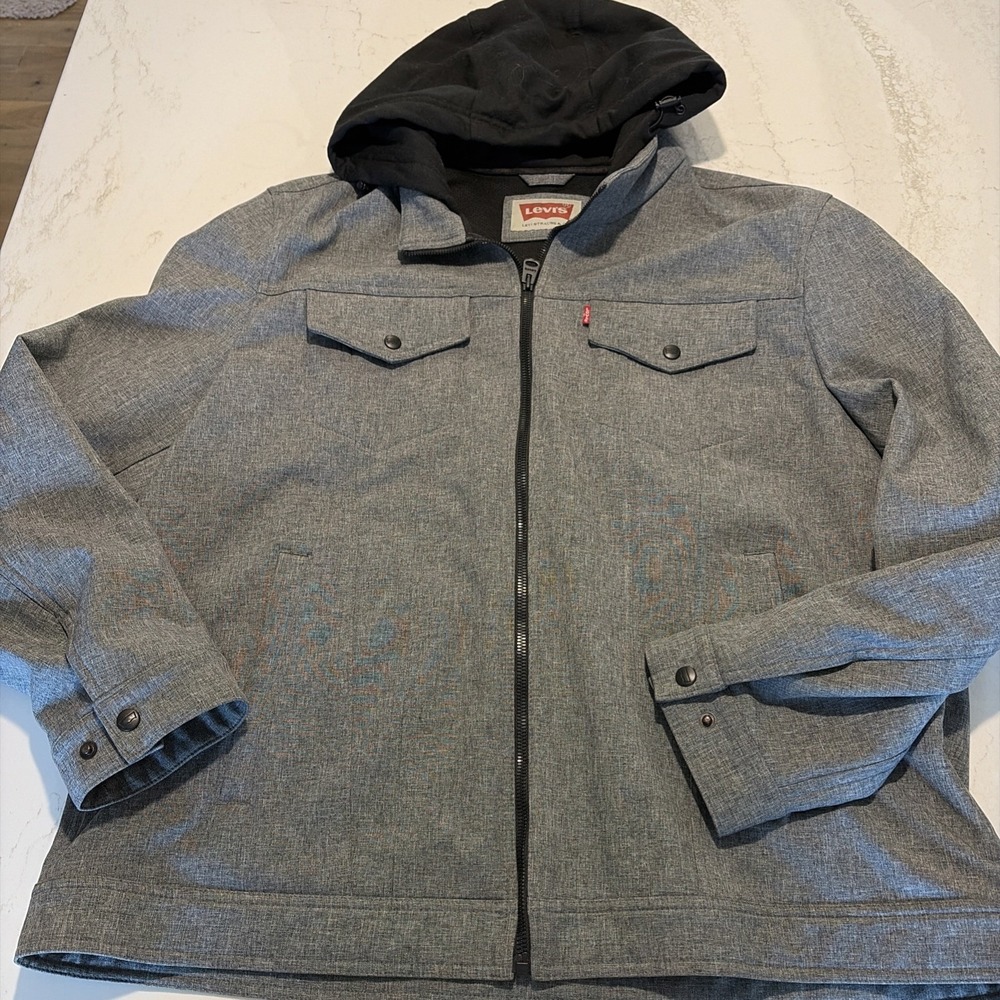 Levis Mens Soft Shell Hooded Jacket Water Resistant Fleece Lined Blue XXL